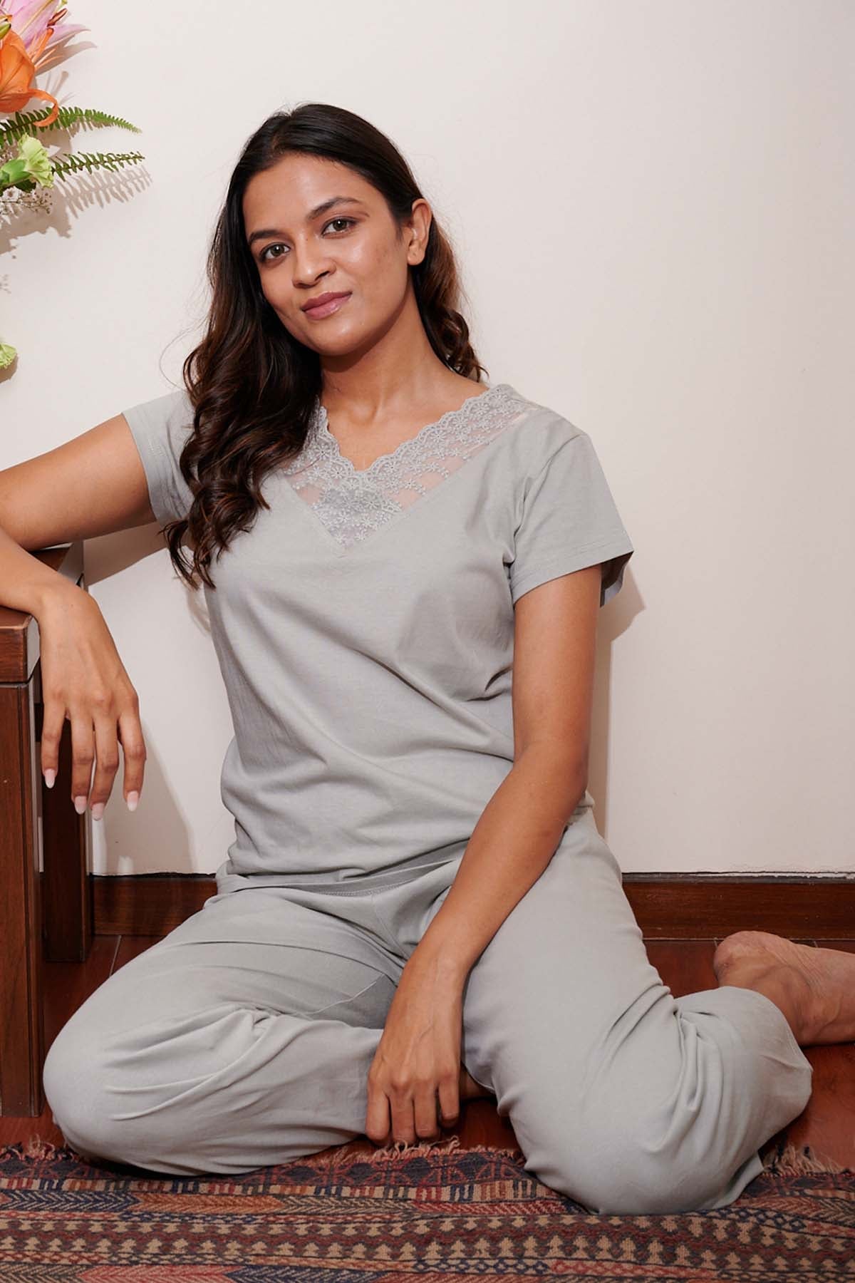 Buy Designer Lace Adorn Pyjama Set Online